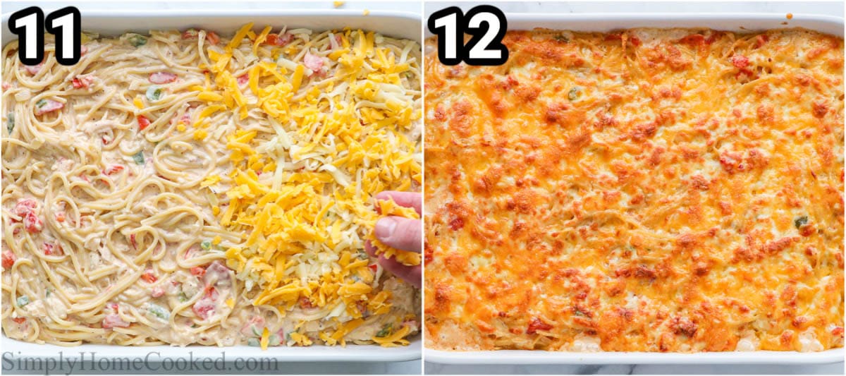 Steps to prepare Chicken Spaghetti: place the chicken spaghetti in a baking dish, cover it with cheese, and bake until golden brown.