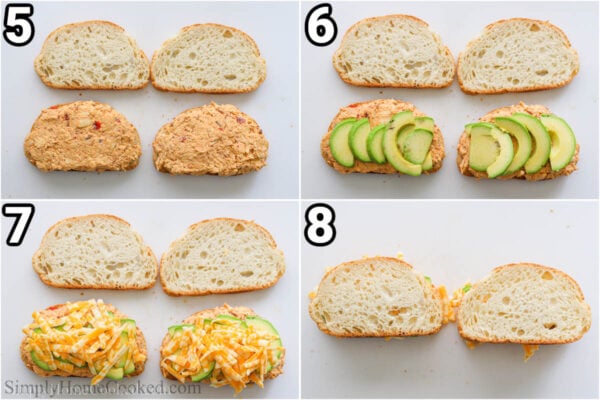 Steps to make Chipotle Chicken Avocado Melt: spread chipotle chicken on bread, then avocado, cheese, and top bread slice.