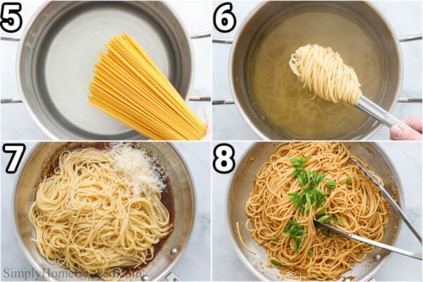 Steps for making Garlic Noodles: cook the pasta, then add it to the sauce with parmesan cheese, and garnish with green onions.