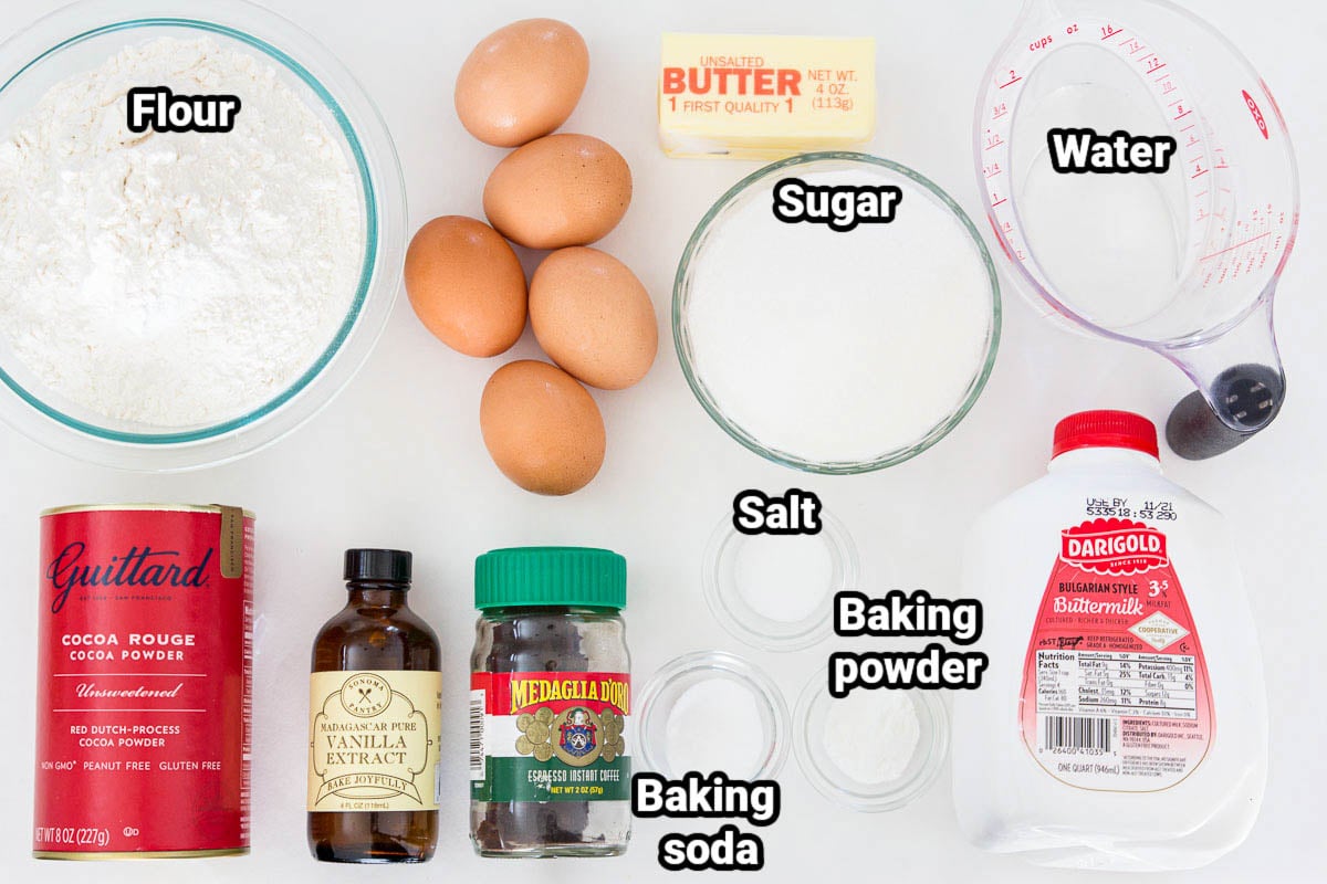 Ingredients for Nutella Cake: flour, eggs, butter, sugar, water, cocoa powder, vanilla extract, espresso powder, baking soda, baking powder, salt, and buttermilk.