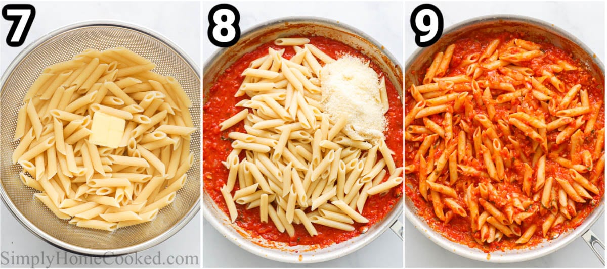Steps to make Penne Pomodoro: cook the pasta and then add butter, then combine it with the pomodoro sauce and parmesan cheese.
