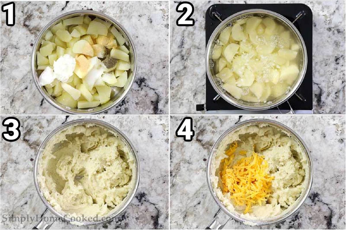 Steps to make Potato Pierogi: cut the potatoes and combine with butter, salt, pepper, garlic powder, and sour cream once boiled, then mash with cheese.
