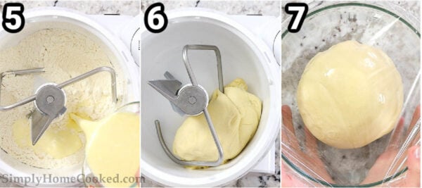 Steps to make Potato Pierogi: sift the flour and salt, then add milk, eggs, butter, and sour cream, mixing with a hook attachment and then covering and storing while it rises.