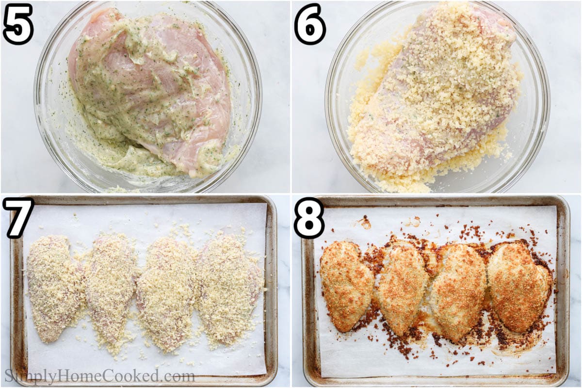 Steps to make Roasted Ranch Chicken: dredge it in ranch mix, then in breadcrumbs, before baking it on a sheet pan.