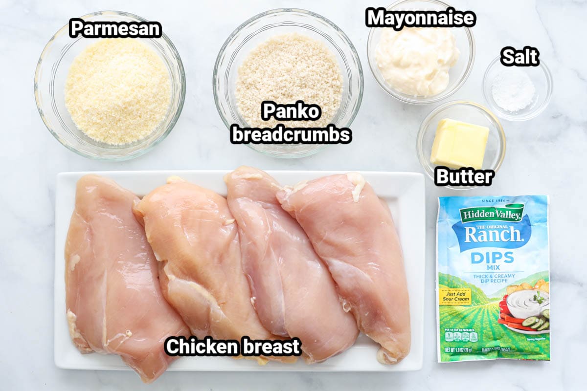 Ingredients for Baked Ranch Chicken: parmesan, panko breadcrumbs, mayonnaise, butter, salt, ranch mix, and chicken breasts.