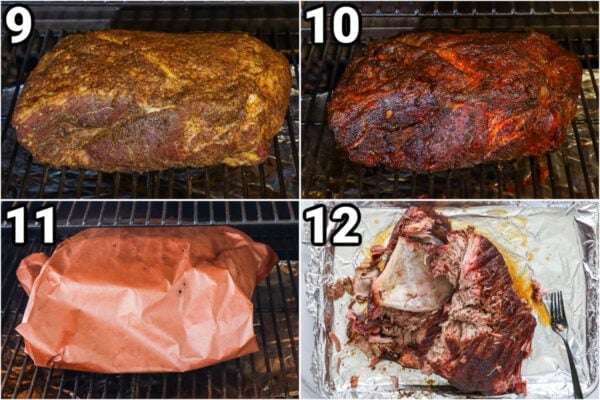 Steps to make Smoked Pulled Pork: smoke the pork and then cover it and complete the cooking process before shredding it.