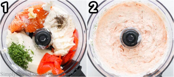 Steps to make Smoked Salmon Salad: place the smoked salmon, dill, garlic, salt, pepper, mayo, sour cream, lemon juice, and cream cheese in a food processor and pulse until smooth.