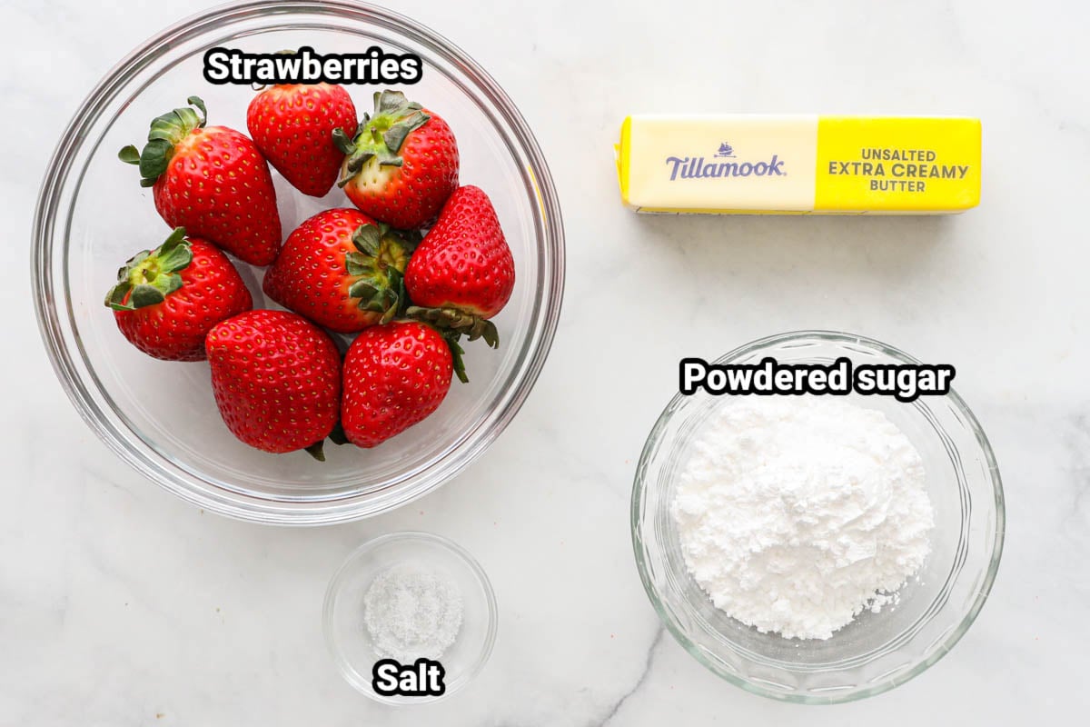 Ingredients for Strawberry Butter: strawberries, salt, butter, and powdered sugar.