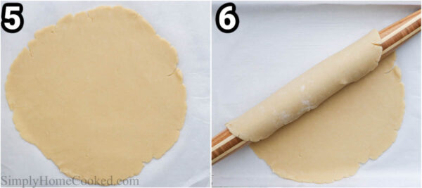 Steps to make Strawberry Galette: roll out the dough then use the rolling pin to transfer it to the pie tin.