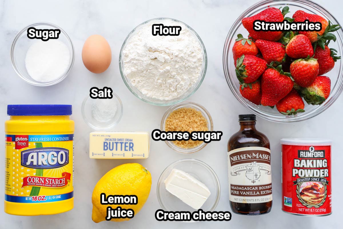 Ingredients for Strawberry Galette: sugar, egg, salt, flour, cornstarch, strawberries, coarse sugar, lemon juice, butter, cream cheese, vanilla, and baking powder.