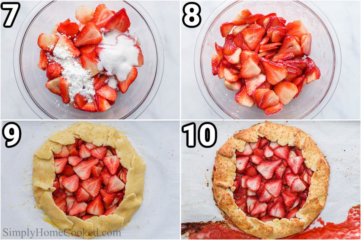 Steps to make Strawberry Galette: macerate the strawberries with sugar and cornstarch, then add it to the pie dough and bake.