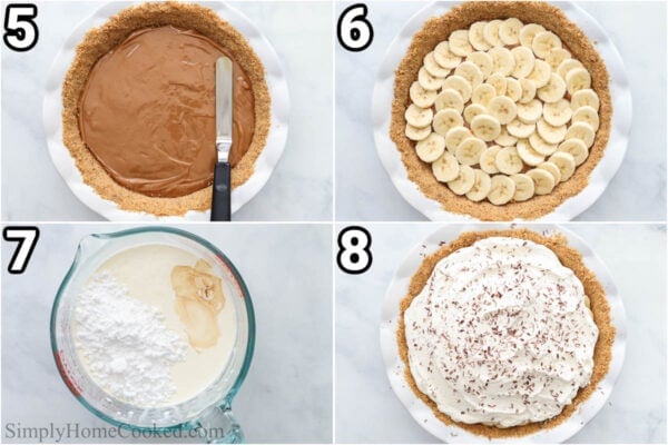 Steps to make Banoffee Pie: spread the dulce de leche in the pie dish, then the sliced bananas, then make the whipped cream with heavy cream, powdered sugar, and vanilla, and top the pie with whipped cream and chocolate shavings.