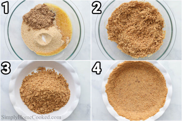 Steps to make Banoffee Pie: mix the graham cracker crumbs, brown sugar, and melted butter, then press the mixture into the pie dish.