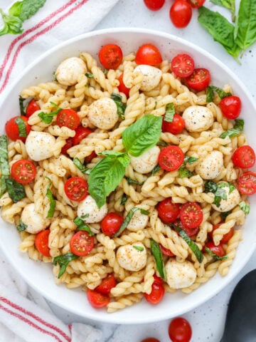 Overhead view of Caprese Pasta Salad.