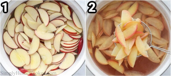 Steps to make Kompot: boil the sliced apples, then strain the fruit out.