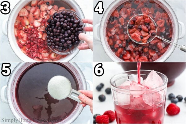 Steps to make Kompot: Add the raspberries, strawberries, and blueberries to the apple juice, then boil, add sugar, and strain into a glass.