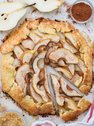 Overhead of a Pear Galette with a slice cut out.