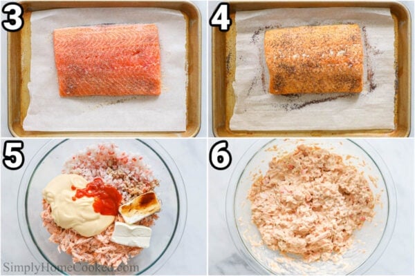 Steps to make Salmon Sushi Bake: season the salmon with pepper and garlic powder, cook the salmon, then shred the salmon with the imitation crab, mayo, cream cheese, and sriracha.