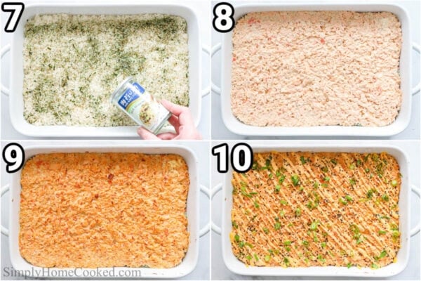 Steps to make Salmon Sushi Bake: place rice in a baking dish, add furikake, then the salmon mixture, and then top with green onions and spicy mayo.