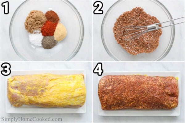 Steps to make Smoked Pork Loin: combine brown sugar, salt, pepper, chili powder, paprika, and garlic powder with a whisk, then rub the pork loin with mustard and seasonings.