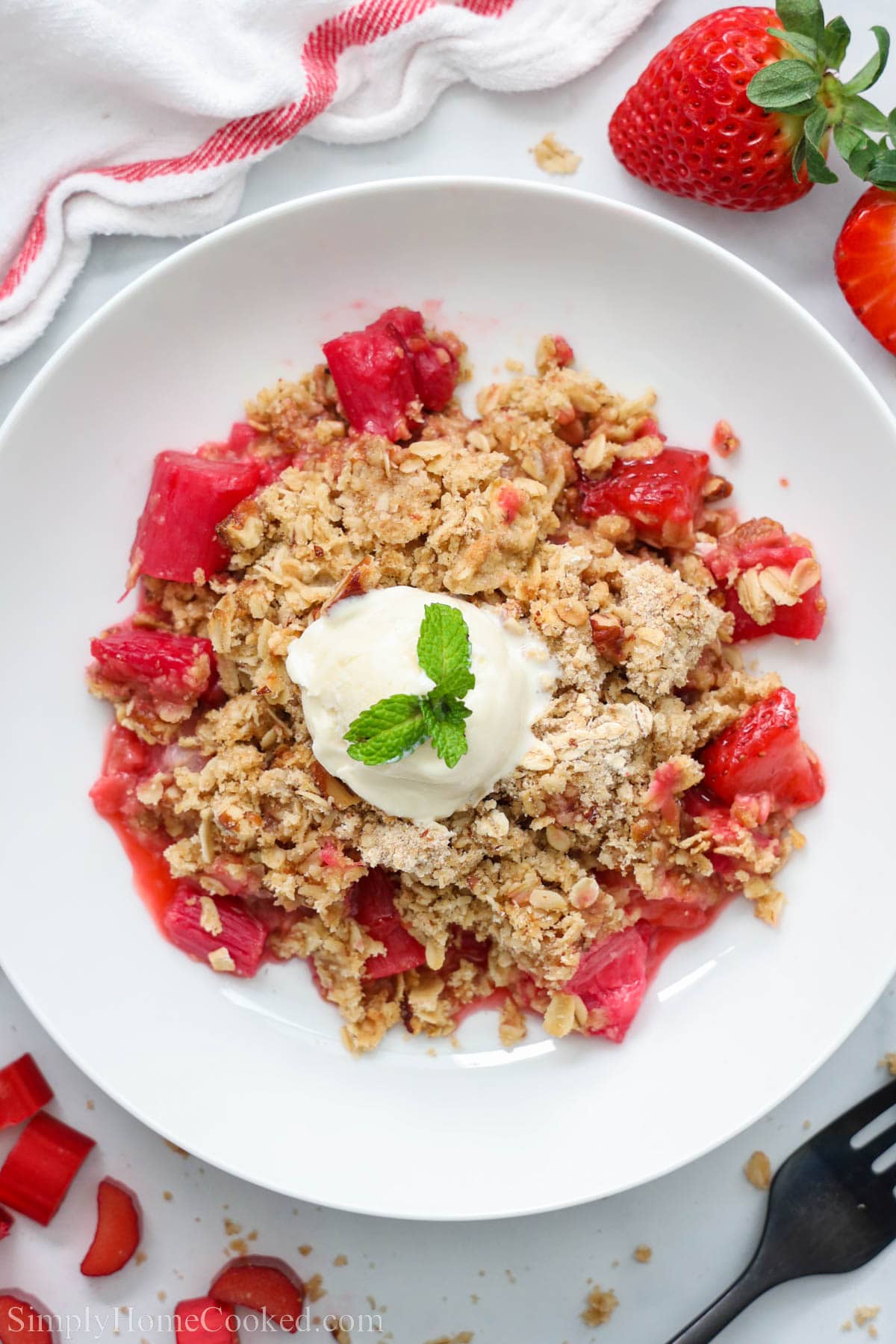 Overhead view of Strawberry Rhubarb Crisp. 