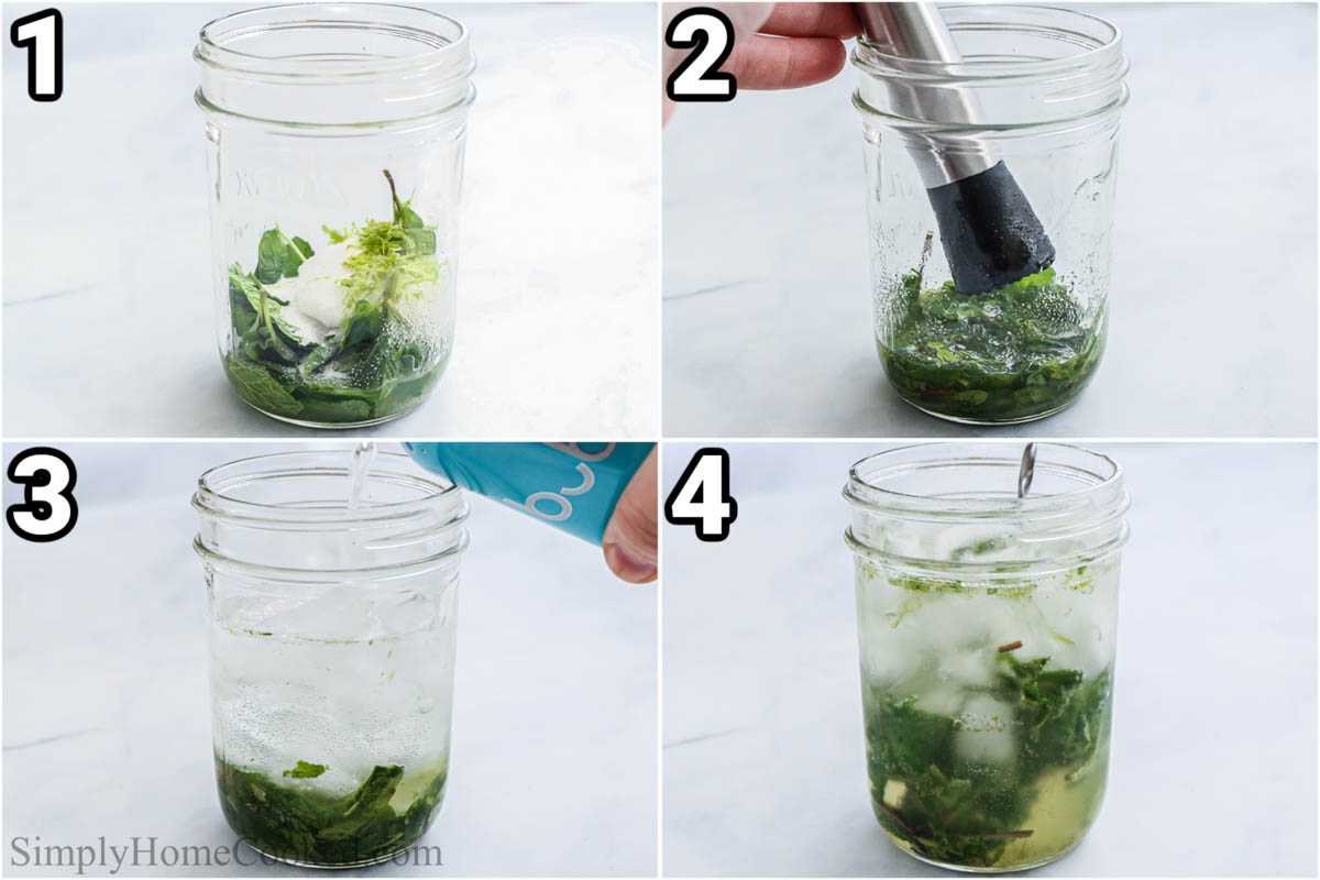 Steps to make a Virgin Mojito: middle the sugar, mint, and lime, then add ice and sparking water.