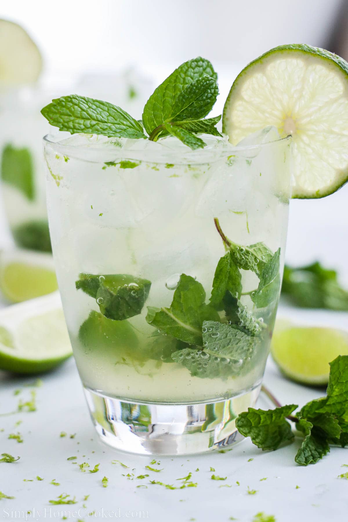 Virgin Mojito in a glass with lime slice and mint leaves.