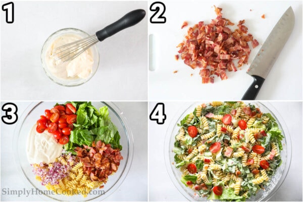 Step to make a BLT Pasta Salad: mix the ranch and the mayo, then cook and chop the bacon, and combine the bacon, lettuce, tomatoes, onion, pasta, and dressing together and mix thoroughly.