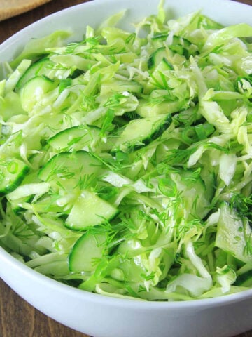 Close up of a Cabbage Cucumber Salad.