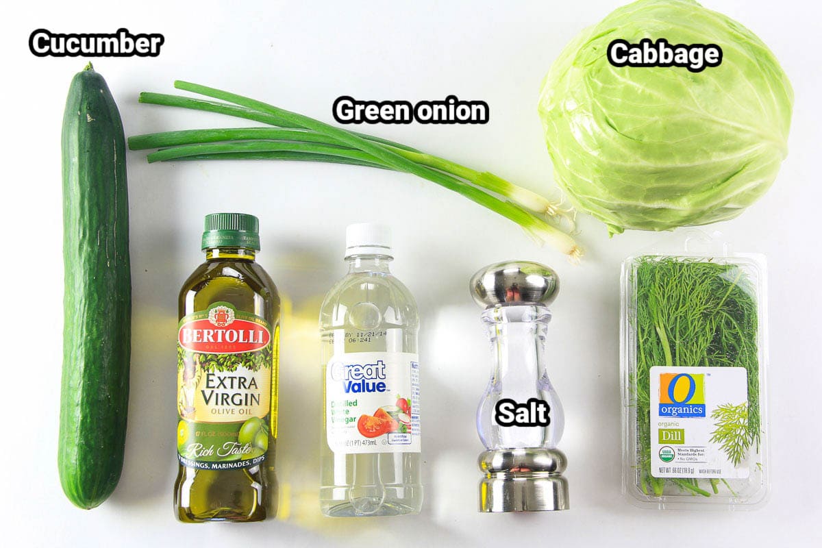 Cabbage Cucumber Salad ingredients: cucumber, cabbage, green onion, dill, olive oil, white vinegar, and salt.