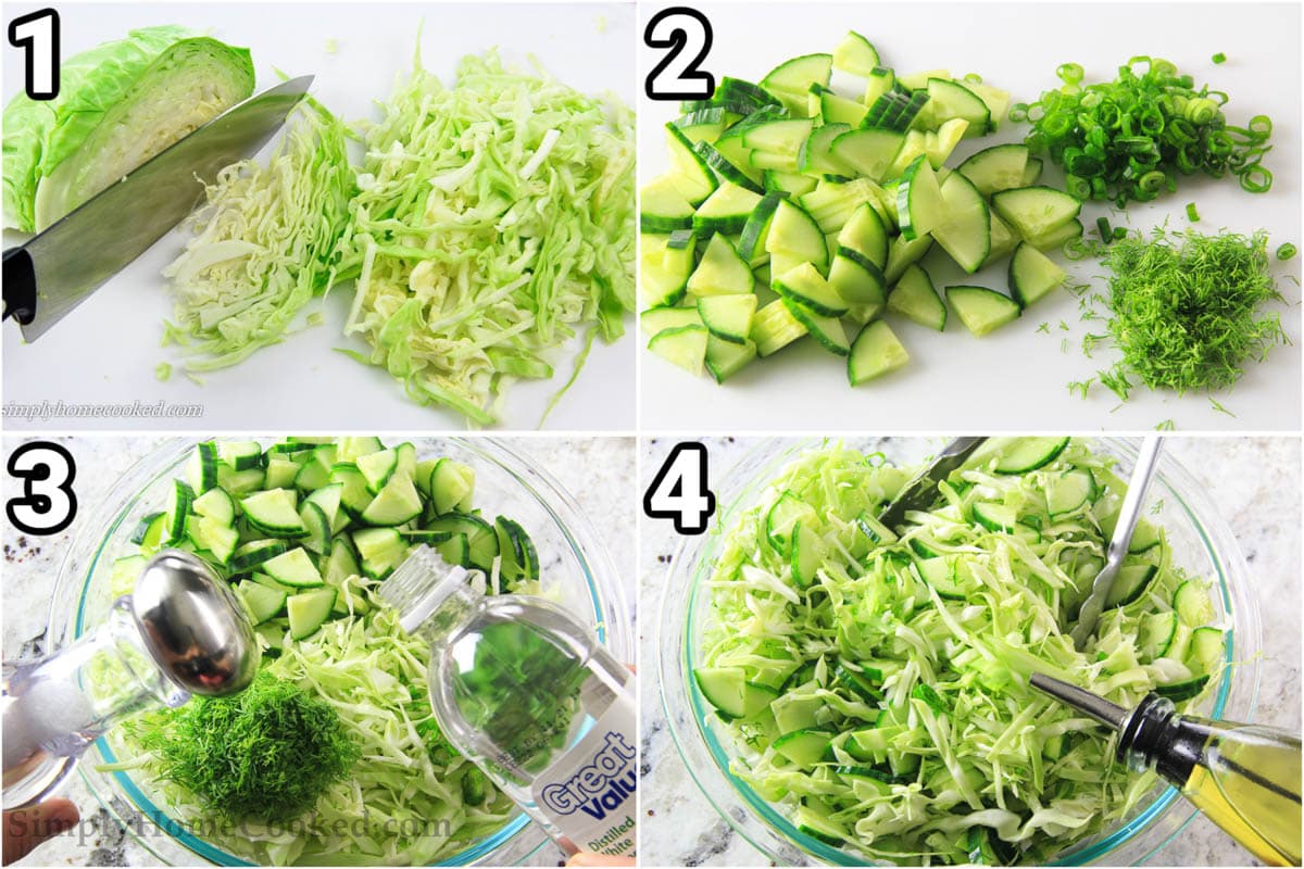 Steps to make Cabbage Cucumber Salad: chop the cabbage, green onion, cucumber, and dill, then add it with the olive oil, white vinegar and salt.