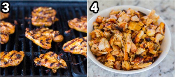 Steps for making Chipotle Chicken Bowl: grill the chicken and then let it rest before cutting it.