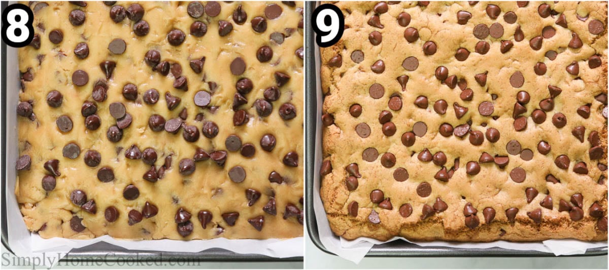 steps to make chocolate chip cookie bars. cookie dough in pan baked and unbaked.