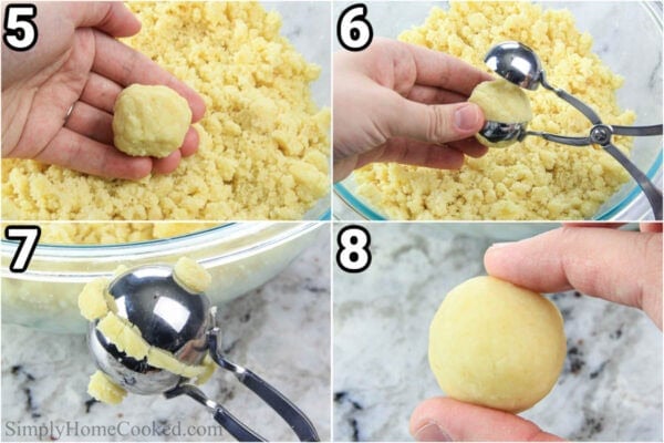 Steps to make Vanilla Cake Pops: form the cake balls by rolling some cake crumbs, then using a cake ball maker to get a perfect circle.