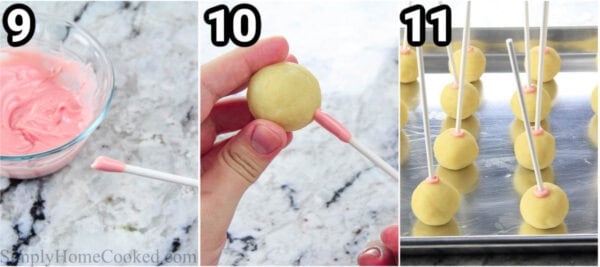 Steps to make Vanilla Cake Pops: dip the sticks in melted chocolate, then stick the cake balls on the ends, and freeze on a baking sheet.