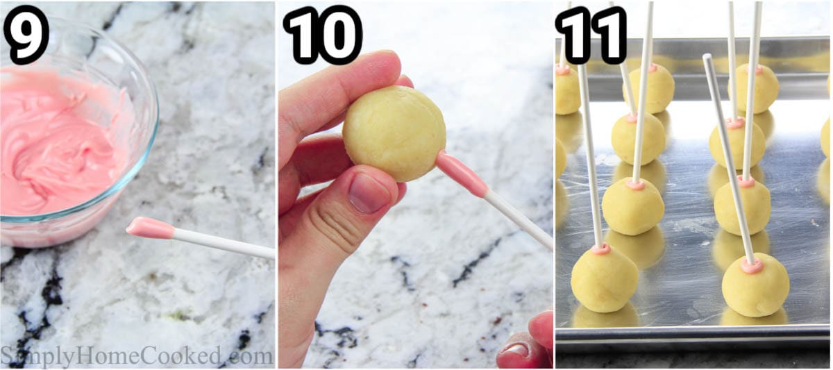 Steps to make Vanilla Cake Pops:  dip the sticks in melted chocolate, then stick the cake balls on the ends, and freeze on a baking sheet.