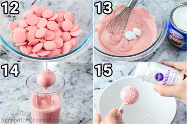 Steps to make Vanilla Cake Pops: melt the chocolate candies with some shortening, then dip the cake pops in and top with sprinkles.