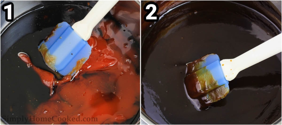 Steps to make Homemade BBQ Sauce: Add the ketchup, liquid smoke, honey, and molasses to a pot and simmer, stirring with a spatula. 