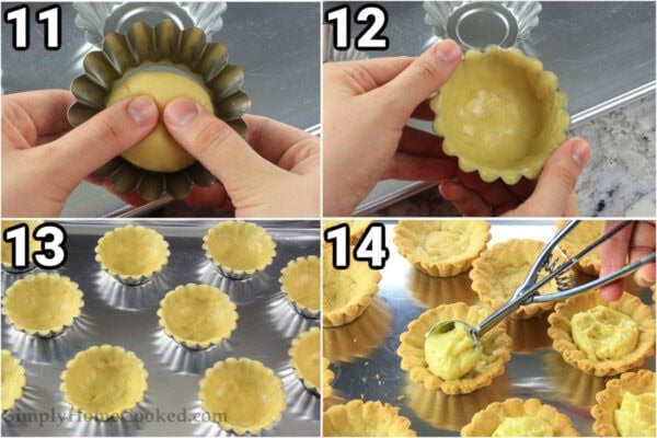 Steps to make Mini Fruit Tarts: form the tart shells with your fingers in a mold, then fill them with custard.