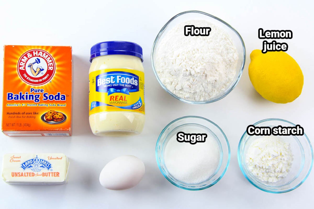 Ingredients for Mini Fruit Tart shells: baking soda, flour, mayonnaise, egg, butter, lemon juice, cornstarch, and sugar. 
