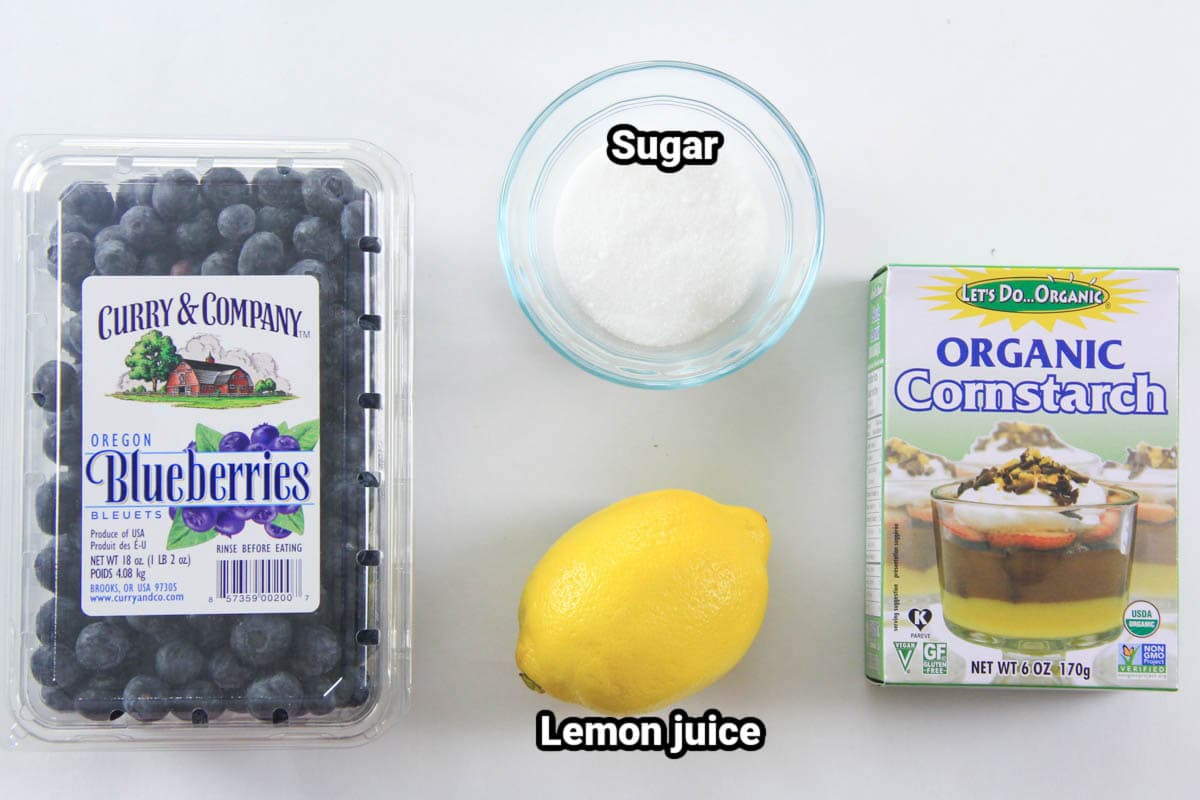 Ingredients for Blueberry Pie Filling: blueberries, sugar, lemon juice, and cornstarch. 