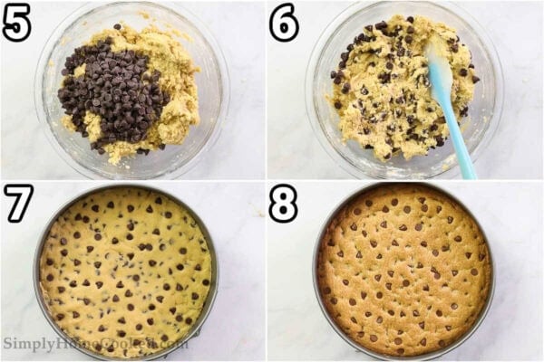 Steps to make Cookie Cake: add the chocolate chip cookies and then bake it in the pan.
