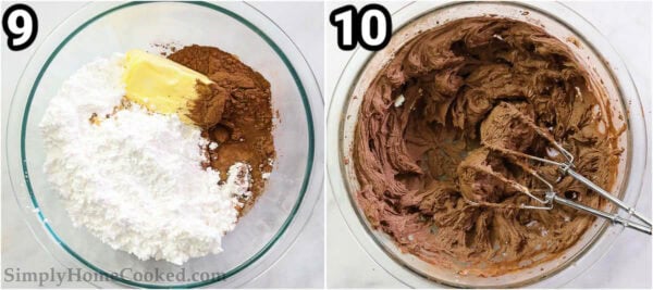 Steps to make Cookie Cake: combine the butter, cocoa powder, and powdered sugar with an electric mixer.