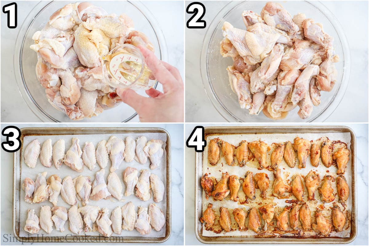 Steps to make Lemon Pepper Wings: mix the wings with olive oil, salt, garlic powder, onion powder, and baking powder, then bake on a baking sheet.