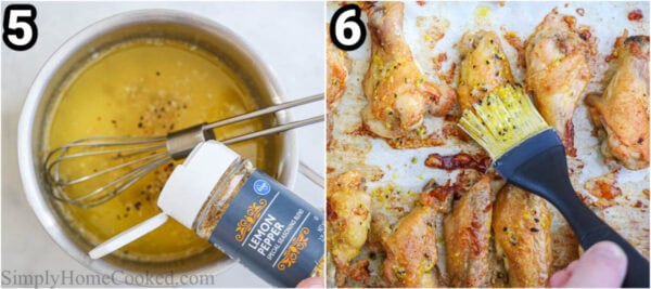 Steps to make Lemon Pepper Wings: melt the butter and add the lemon pepper seasoning, then brush it on the wings.