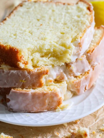 Pile of Lemon Pound Cake slices.