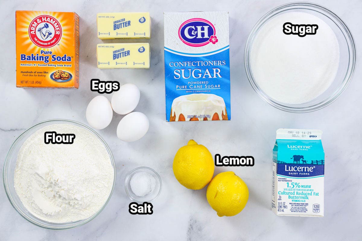 Ingredients for Lemon Pound Cake: flour, sugar, powdered sugar, butter, eggs, baking soda, salt, lemons, and buttermilk.