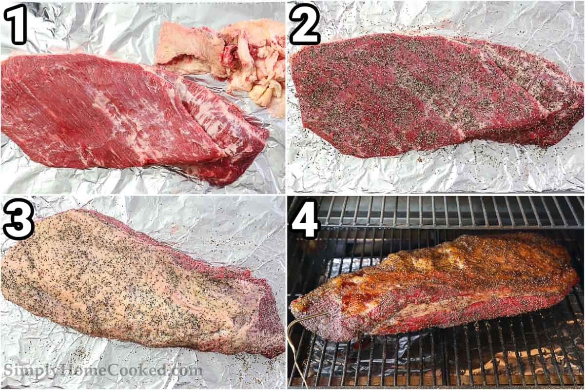 Steps to make Smoked Beef Brisket: cut off the fat, then season the meat on both sides, before smoking it.