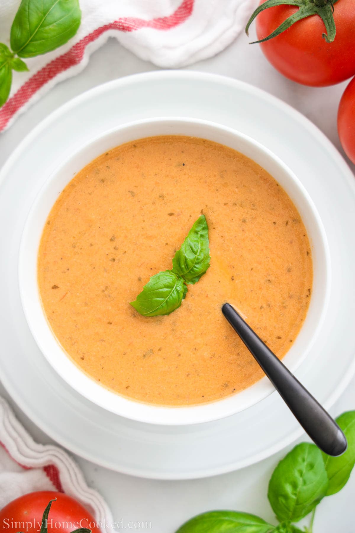 Overhead view of bowl of Tomato Basil Soup.