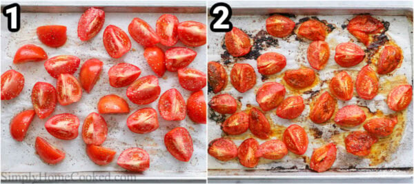 Steps to make Tomato Basil Soup: core and cut the tomatoes and roast them on a parchment paper lined baking sheet.